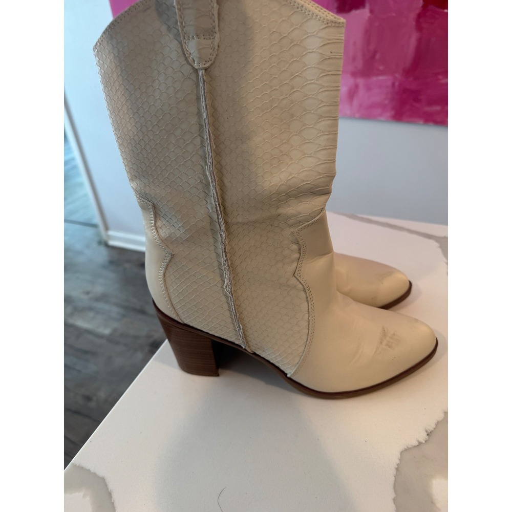 Western Cream Snakeskin Embossed Mid Calf Block Heel Cowboy Boots Womens MIA 9